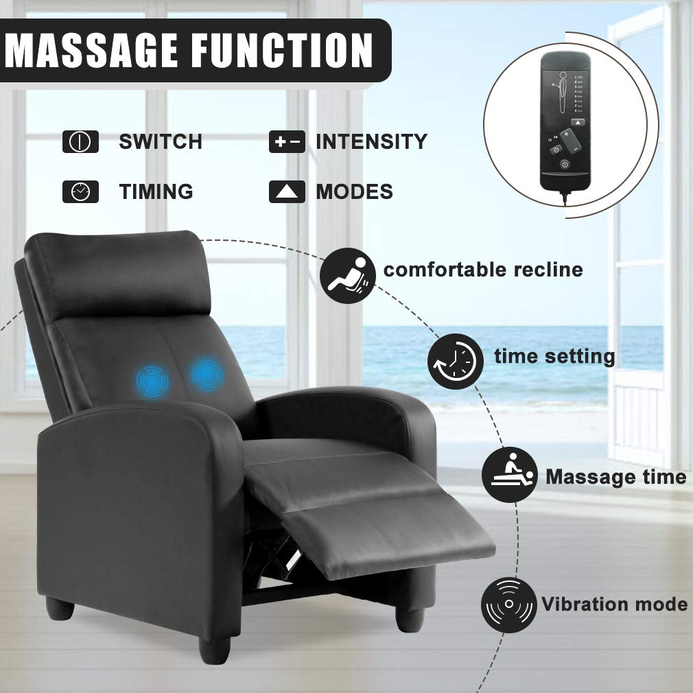 FDW Recliner Chair Massage Chair Reading Chair Reclining Sofa Home Theater Seating with Lumbar Support Massage and Padded Backrest for Living Room and Bedroom (Leather, Black) FDW