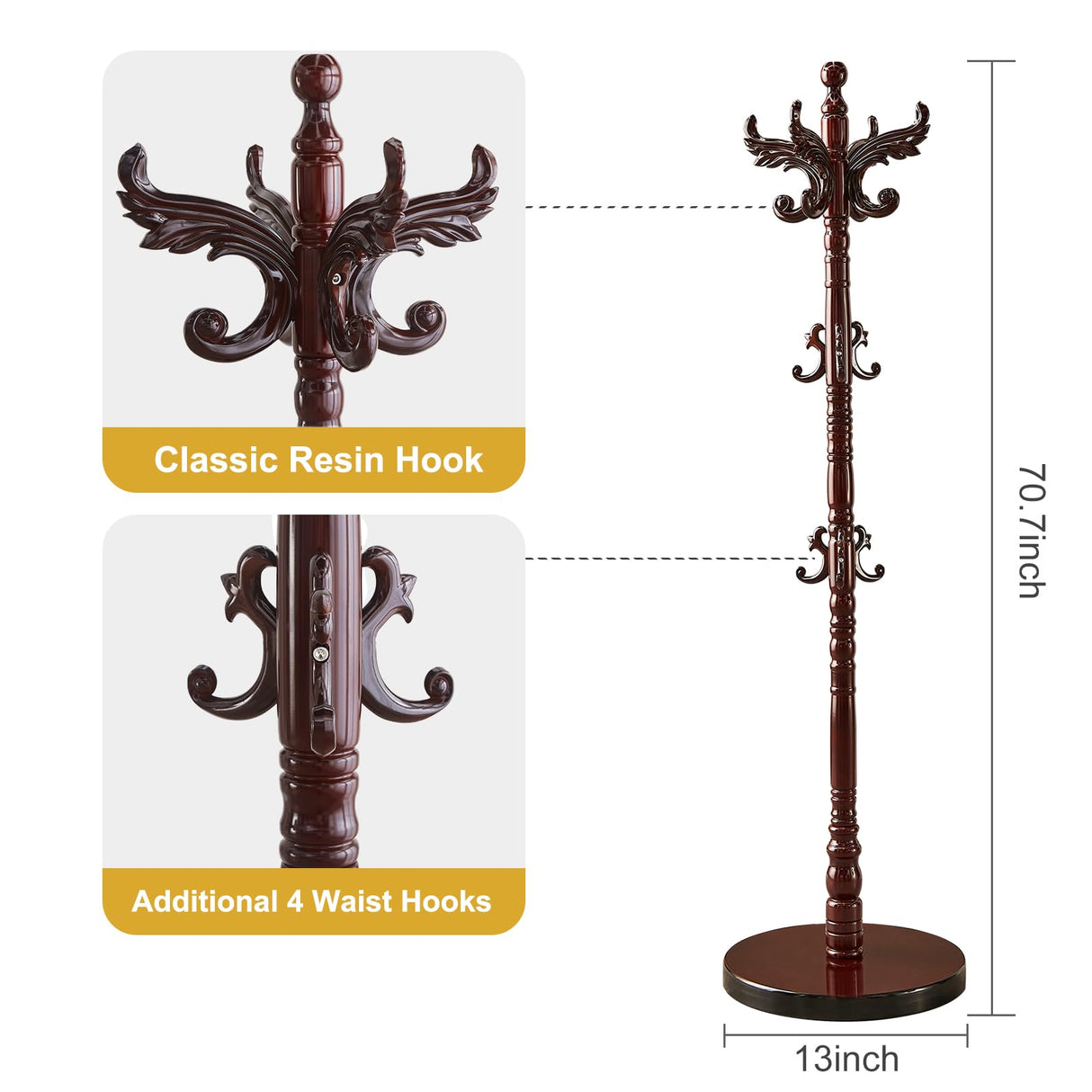 Snaikor Wooden Coat Rack Stand, Vintage Natural Birch Wood Coat Racks Freestanding, Solid Coat Tree Stand with 14 Hooks, Classic Sturdy Coat Racks Hall Tree for Entryway, Office (Round chassis) Snaikor