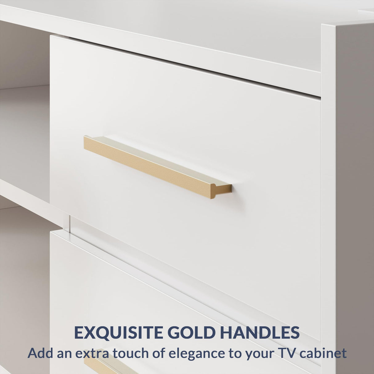 BELLEZE 66" TV Stand for TVs Up to 75", LED Light Entertainment Center with Power Outlet, 4 Drawers and 2-Tier Open Shelves TV Cabinet, TV Console for Living Room, Bedroom - Corrigan (White) BELLEZE