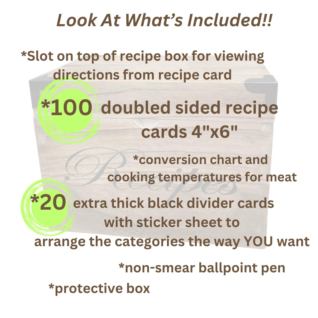 Wooden Recipe Box with Cards and Dividers - Large Rustic 4x6 Recipe Card Box, Wipe Clean Surface, Recipe Card Holder, 100 Double-Sided Cards, 20 Thick Dividers with Stickers, Charts, Complete Gift Set NIIVIIN