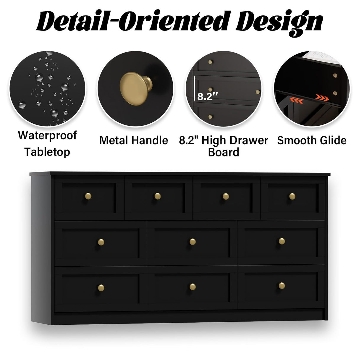 ROMMAK 10 Drawer Double Dresser for Bedroom, 59.1" Wide Dressers & Chests of Drawers with Large Capacity Storage,Black Dresser for Bedroom, Hallway,Black ROMMAK