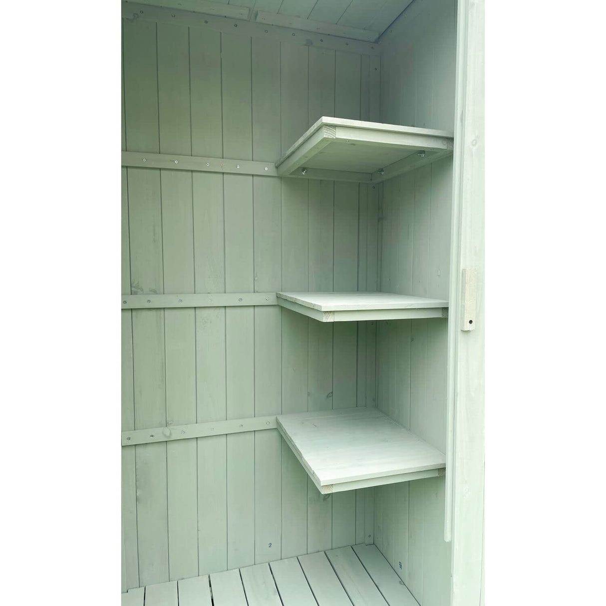 Hanover Outdoor Storage Shed with Shelves and Lock, 8.7 cu. ft. Capacity, Vertical Wood Shed for Tools, Equipment, and Garden Supplies, Modern Fir Wood Shed in Mint with Waterproof Roof and Floor Hanover