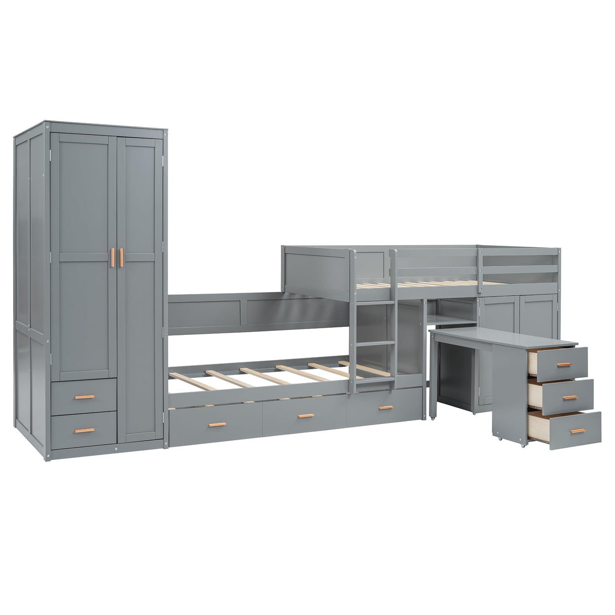 YOPTO Twin Size Bunk Bed with Trundle,Wardrobe,Desk,2 Cabinets and 5 Drawers,Multifunctional Wood Bed Frame W/Integrated Ladder,Safety Guardrails & Slats Support,Easy Assembly,for Kids,Teens,Gray YOPTO