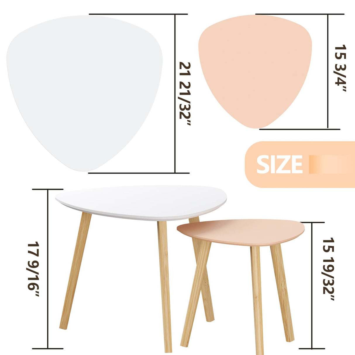 BAMEOS Bamboo Nesting Triangle End Table,Set of 2 Coffee Table Modern Minimalist Side Table for Living Room (White & Pink) BAMEOS