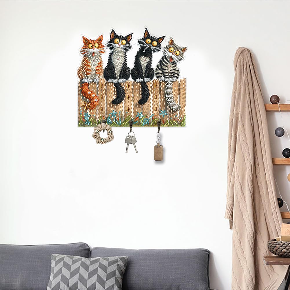 Sulunmo Diamond Art Kits for Adults, DIY Diamond Painting Key Holder for Wall Hooks for Hanging Keys, Sunglasses, Bag(Crazy Kitten-6) Sulunmo