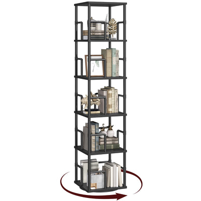 MAHANCRIS 5-Tier Rotating Bookshelf, Freestanding Corner Bookshelf, 360° Spinning Bookcase, Industrial Style Storage Rack with Rails, for Living Room, Bedroom, Study, Black BKBK1601