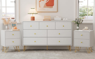 Tradare 7 Drawer Dresser and Night Stand Sets for Bedroom, Two Drawers Nightstand Set of 2 & 7 Drawer Dresser with Gold Handle, Modern White and Gold Dresser Set