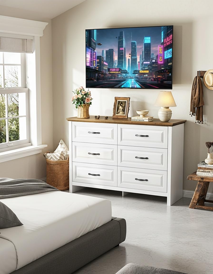 Marsail Farmhouse 6 Drawer Dresser, Wood Chest of Drawers with Natural Texture, Smooth Gliding Drawers, Versatile Storage Organizer Cabinet for Bedroom & Living Room, White and Brown Marsail