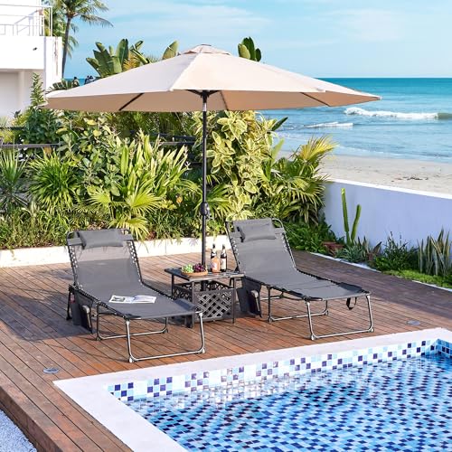 Yaheetech 5 Position Folding Tanning Chair, Outdoor Chaise Lounge Chair with Pad for Beach Patio Poolside Lawn(Gray)