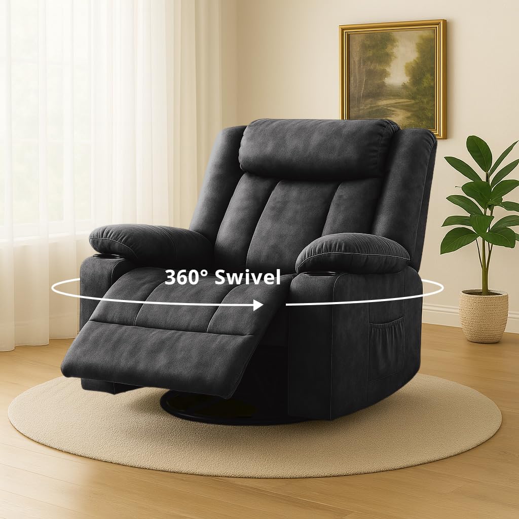 COMHOMA Recliner Chair,360°Swivel Rocker Recliners with Cup Holders&Side Pockets,Manual Reclining Single Sofa,Fabric Upholstered Lounge Chairs for Living Room,Gray COMHOMA