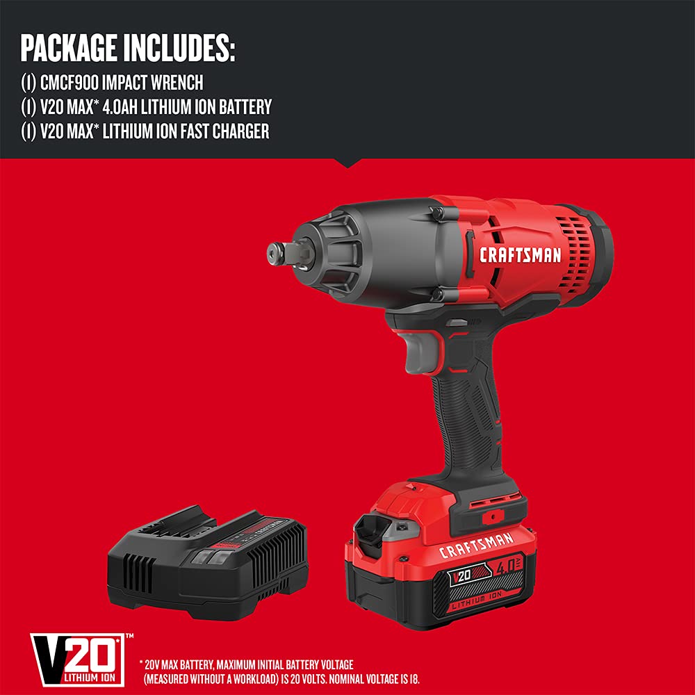CRAFTSMAN V20 RP 1/2 inch Cordless Impact Wrench Kit, Brushless, 4Ah Battery and Charger Included (CMCF900M1) CRAFTSMAN