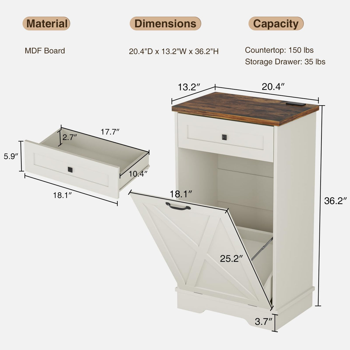 Tilt Out Trash Cabinet, Farmhouse Trash Can Cabinet w/Negative ion, Dog Proof 10 Gallon Garbage Can Cabinet for Kitchen, Bathroom, Living Room, White Halitaa