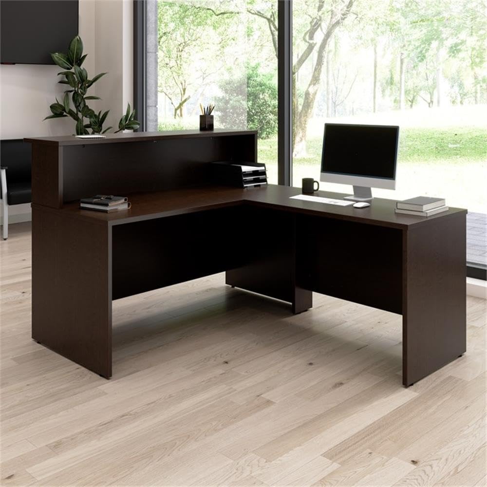Bush Business Furniture Arrive 60W x 72D L Shaped Reception Desk with Shelf in Mocha Cherry Bush Furniture