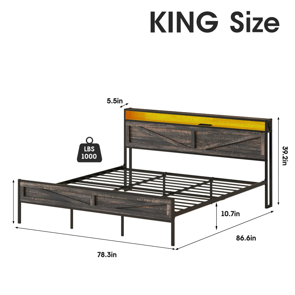 Bed Frame King Size with Charging Station, Platform Metal Bed with Headboard & Led Light, Farmhouse Storage Bed for Bedroom, No Box Spring Needed Halitaa