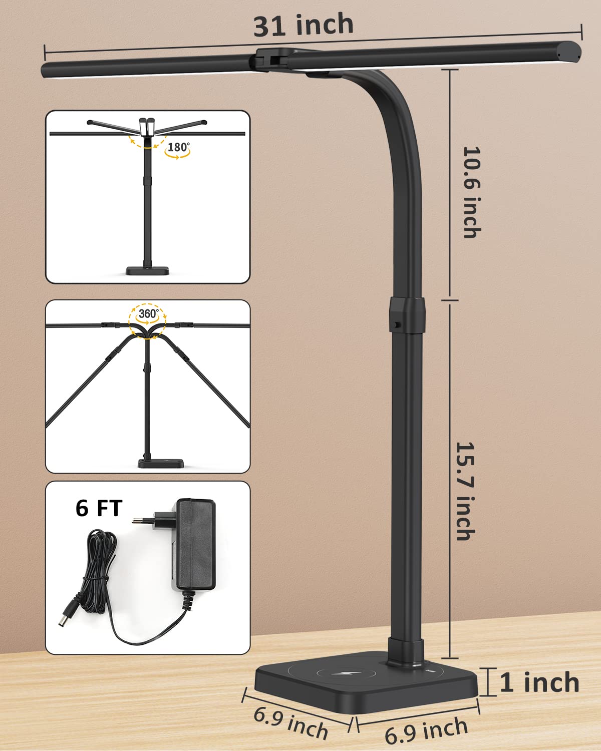 AKRRYR LED Desk Lamp for Home Office, Double Head 24W with USB Charging Port & Wireless Charger, Architect Light 5 Lighting Brightness Flexible Gooseneck Table Reading Study, Black AKRRYR