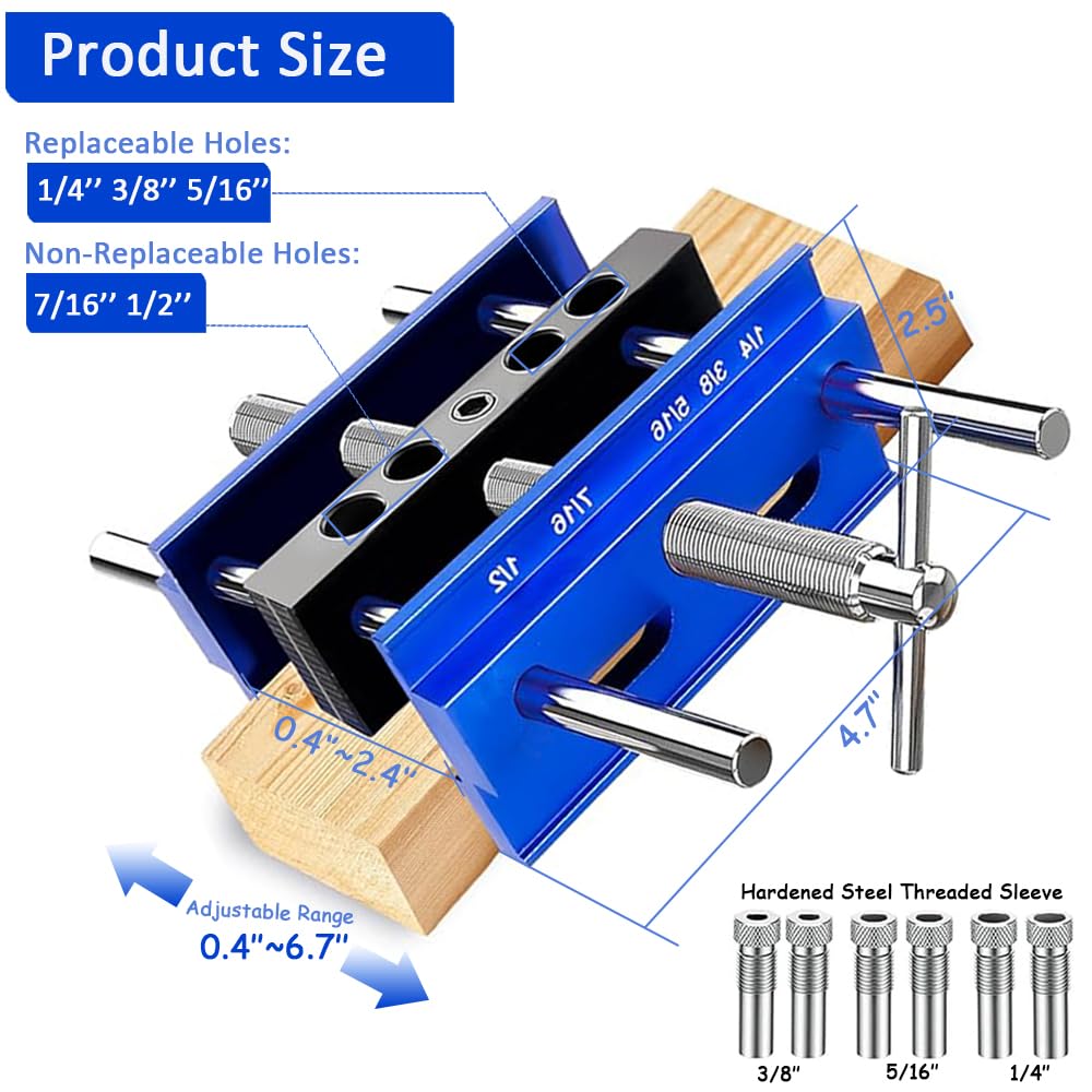 CIFUPUQU Self Centering Dowel Jig Kit,Adjustable Width Dowel Jig for Straight Holes with Elongated Jaws and Extra Wide Clamp,Biscuit Joiner Set with 6 Drill Guide Bushings CIFUPUQU