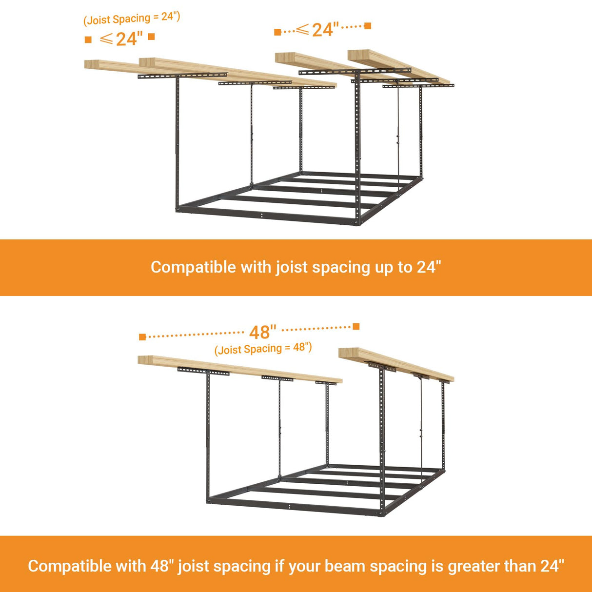 eShelf 4x8ft Overhead Garage Storage Rack Wooden Decking Not Included, Heavy Duty Metal Rack, Adjustable Ceiling Dropdown, 600lbs Weight Capacity (Black) eShelf