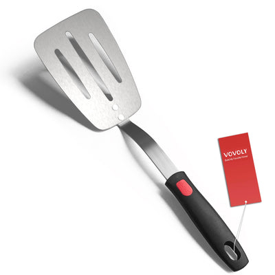 Stainless Steel Flexible Spatula Turner, Thin Slotted Metal Spatula for Cast Iron Skillet, Thin Blade and Heat Resistant Silicone Handle, Great for Egg, Cookie, Meat, Crep, Large