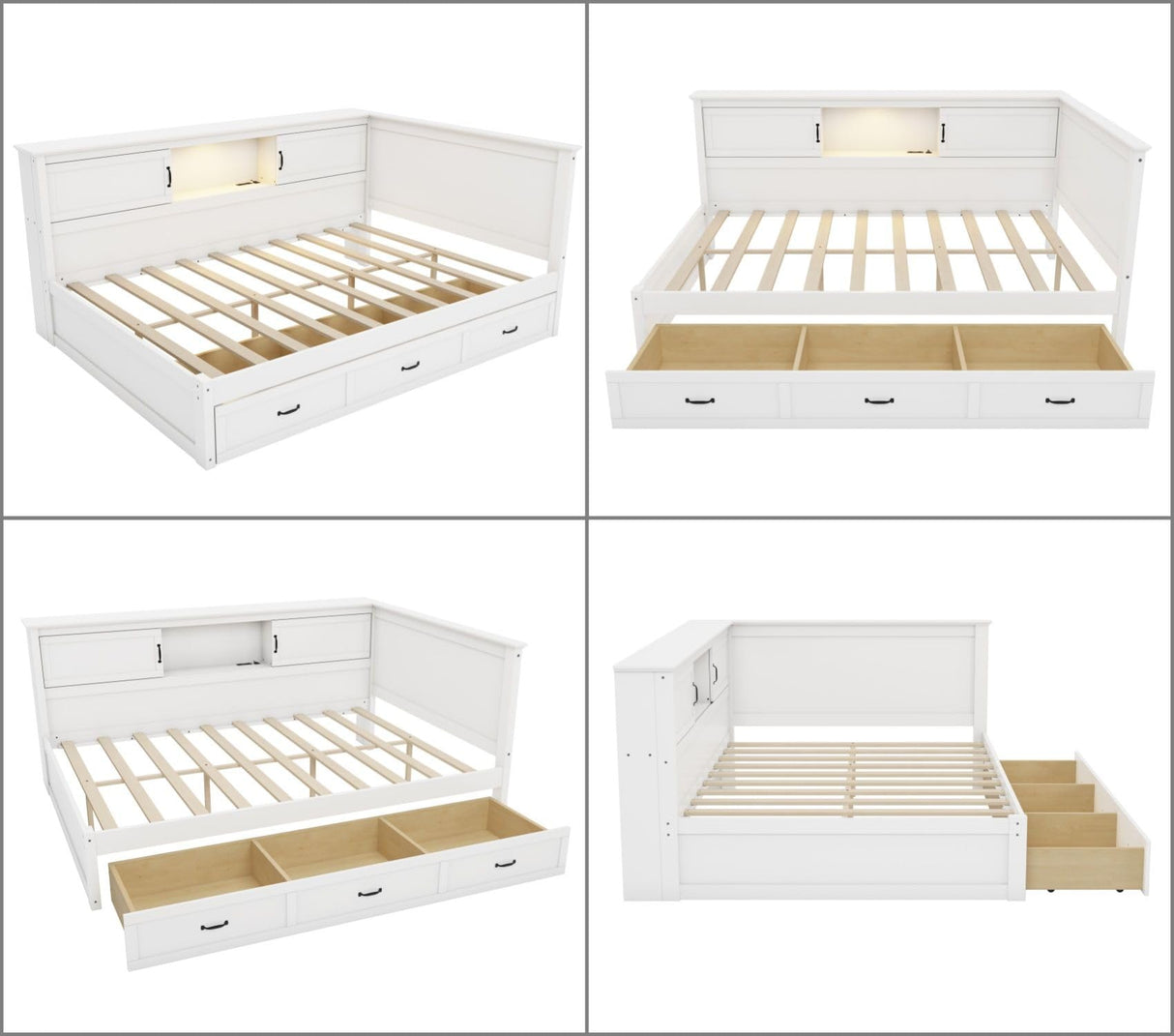 Merax Full Size Corner Bed Frames with Storage Drawers, USB Port, Led Downlight Headboard & Bookcase, Wooden L-Shaped Captain Daybed for Small Room, Bedroom, Guest Room, kids'Room, White Merax