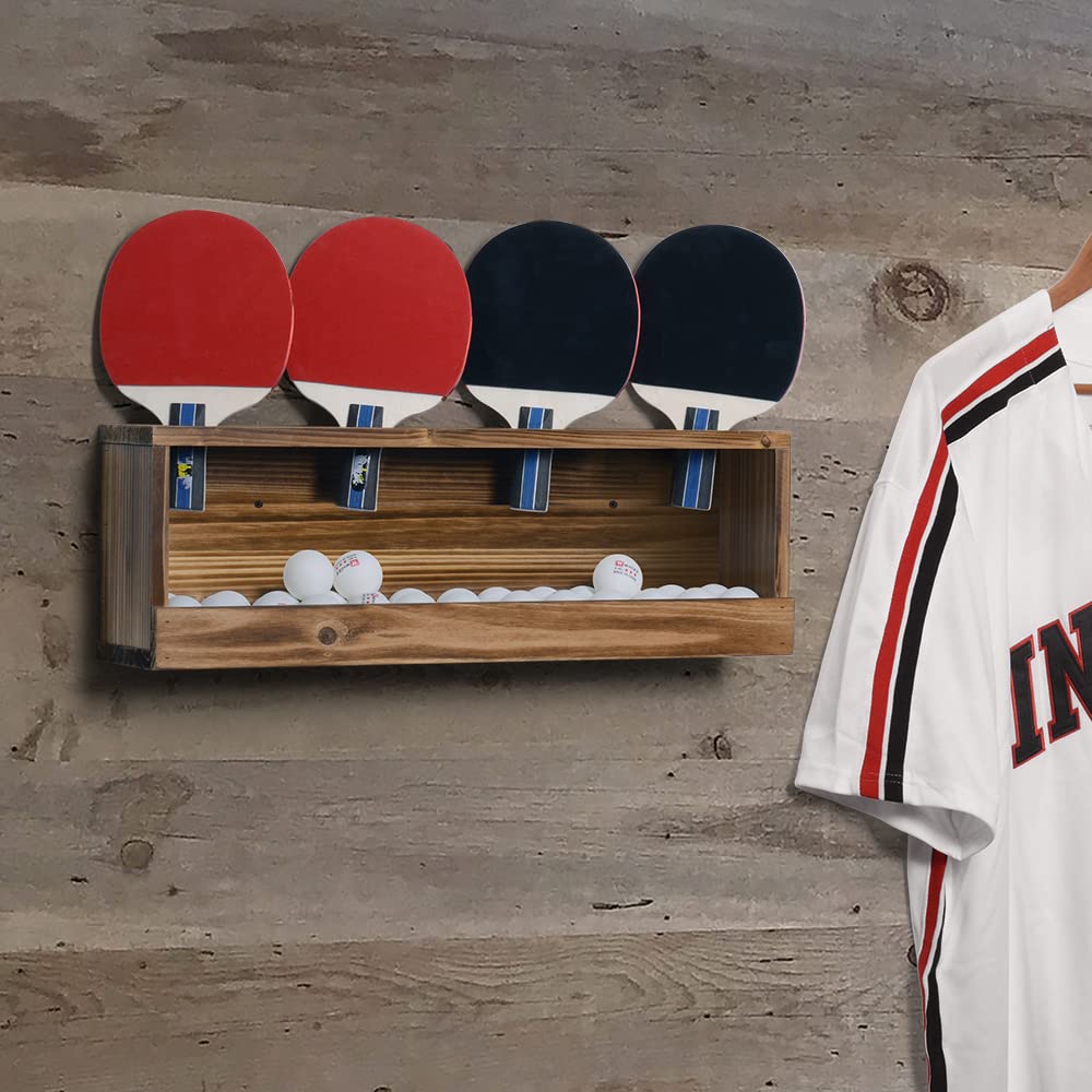 Ping Pong Paddle Storage Rack Table Tennis Racket Display Wall Mounted Holder for 4 Paddles and Balls Storage in Bar Room, Game Room, Office Break Room, Garage, Bedroom, Home, Rustic Burnt Sunix
