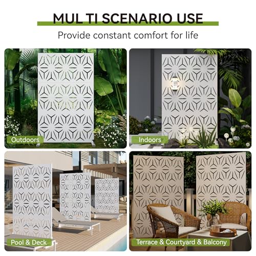 Heavy-Duty Outdoor Privacy Screen for Patio, Balcony, Backyard - 72" H * 44" W Metal Room Divider with Modern Geometric Pattern, Anti-Tipping Kit, Weather Resistant, Easy Assembly (White-SJX) QINPTWUT