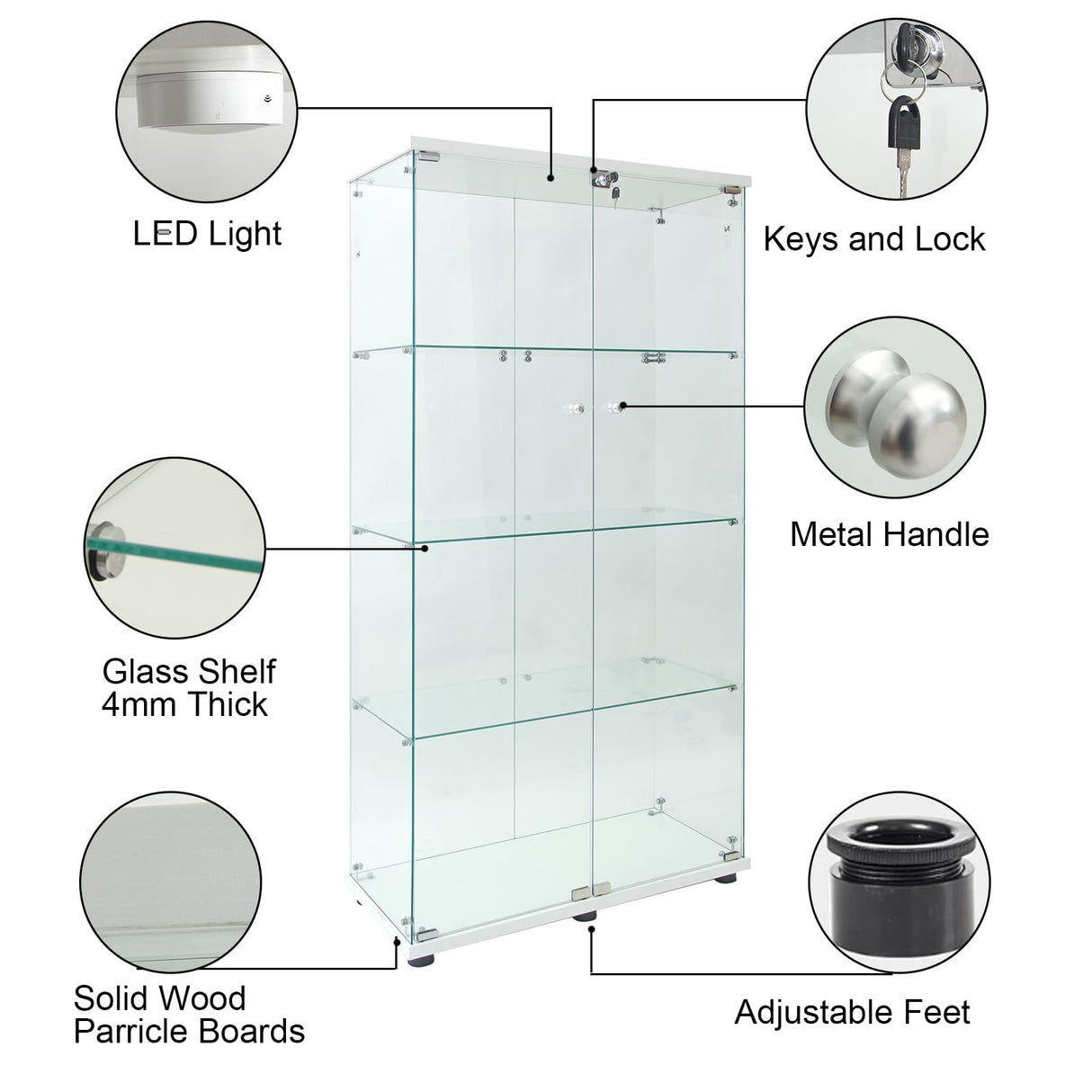 Yoluckea Glass Cabinet with LED Light, 4 Shelves Glass Display Cabinet w/2 Doors,Floor Standing Clear Glass Curio Cabinet Collection Display Cabinet for Living Room Bedroom 64.7” x 31.7” x 14.3” White Yoluckea