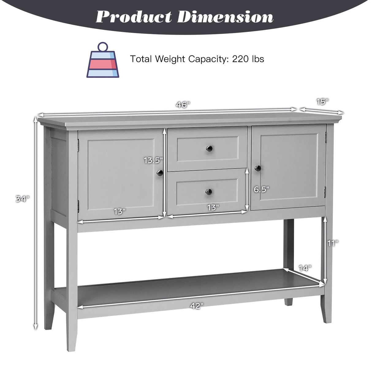 HAPPYGRILL Buffet Sideboard Solid Wood Storage Cabinet Console Table with 2 Drawers & Shelf, Buffet Server Cupboard for Kitchen, Entryway, Living HAPPYGRILL