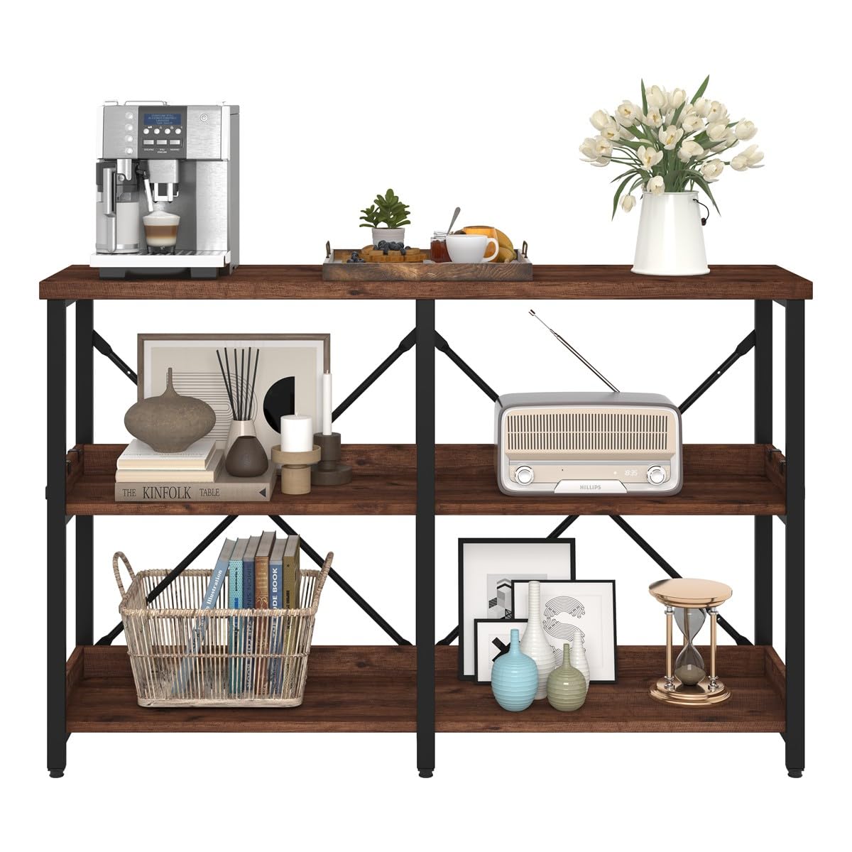 BON AUGURE Rustic Oak 3-Tier Console Table with Shelves - Versatile Entryway and Sofa Table for Living Room BON AUGURE