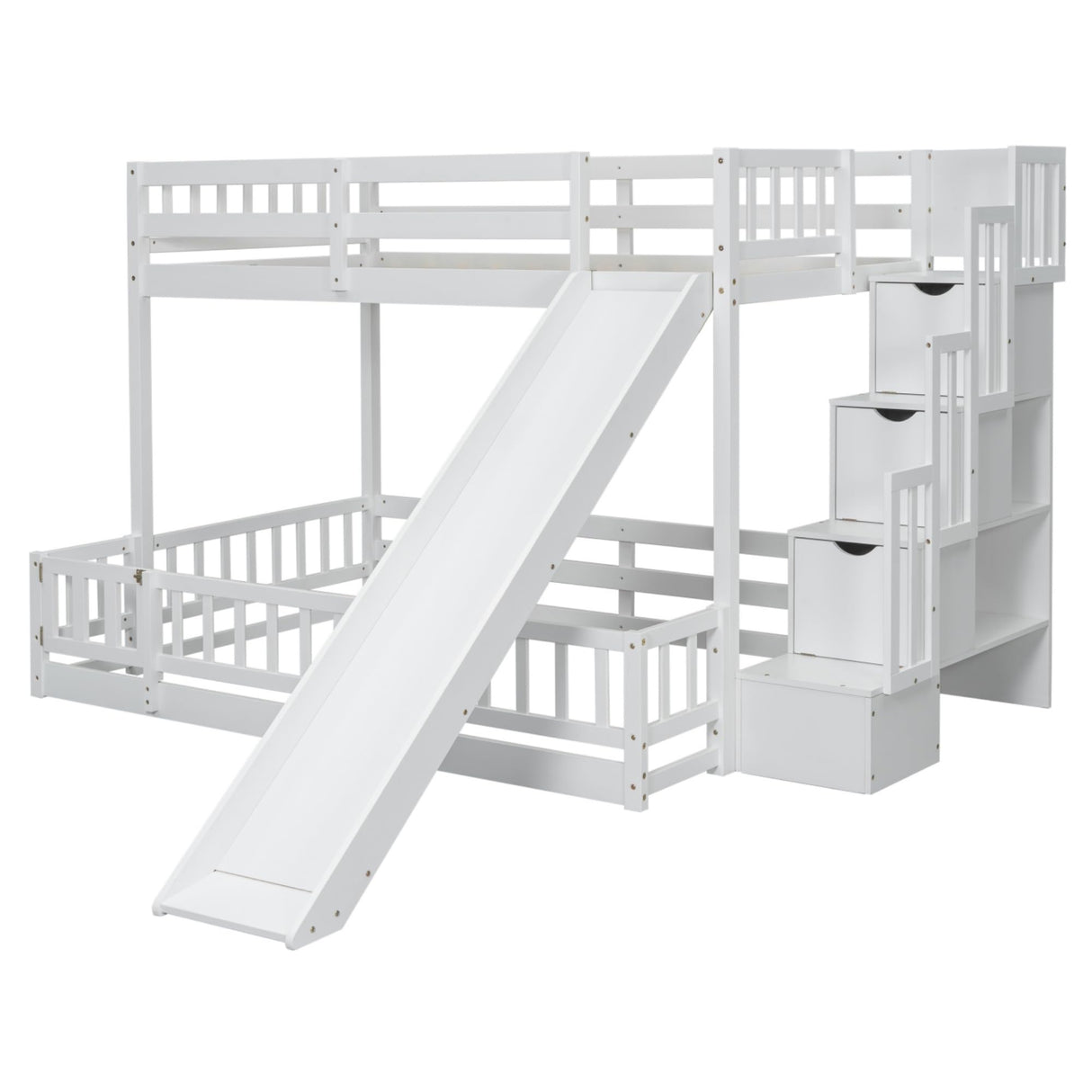 jurmiture Bunk Beds Twin Over Full Size, Pine Solid Wooden Bunk Bed with Slide, Storage Staircase, Safety Guardrails for Kids, White jurmiture