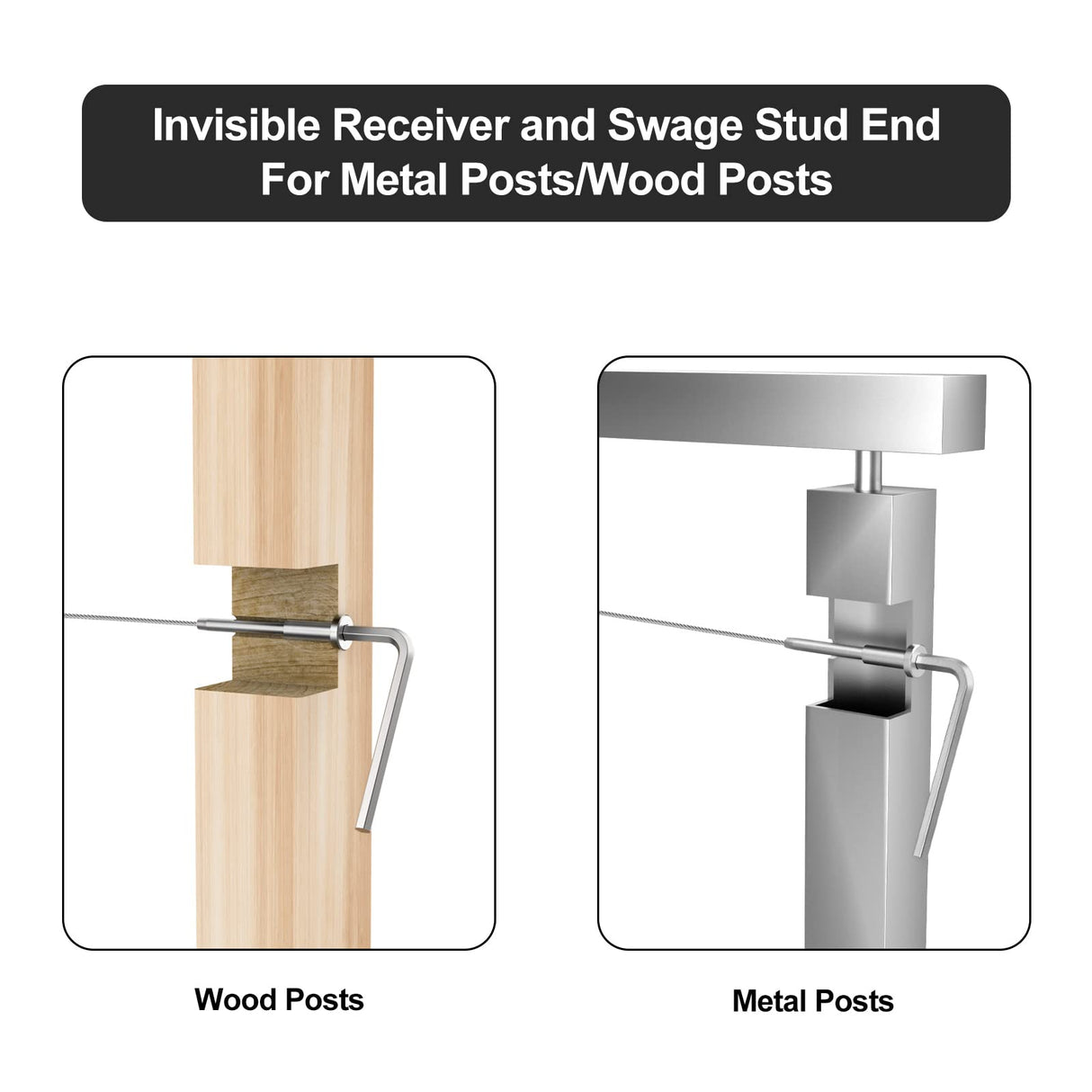 BLIKA 40 Pack Invisible Cable Railing Kit, T316 Stainless Steel 1/8" Invisible Receiver and Swage Stud End for Cable Railing, Swage Tensioner 1/8" for Wood/Metal Post, Cable Railing Hardware BLIKA