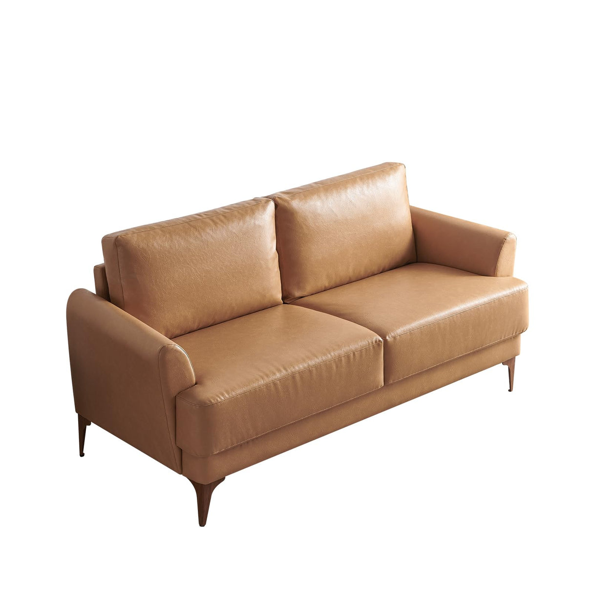 Atopston 63" Faux Leather Loveseat Sofa, Mid-Century Modern Decor 2 Seater Love Seat Couches, Comfy Armrest Small Couch with Wood Grain Legs for Living Room Apartment, Tan Leather Atopston