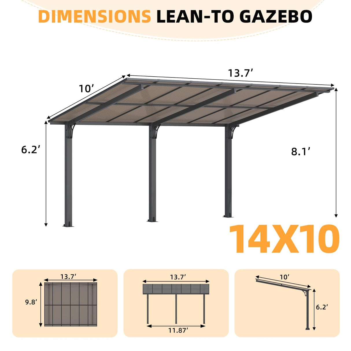 AECOJOY 14' x 10' Gazebo for Patio, Hard Top Lean to Gazebo Pergola Carport, Freestanding Shelter Pergolas and Gazebos Clearance with Patio Roof, Wall-Mounted Heavy Duty Awnings for Patio, Decks AECOJOY