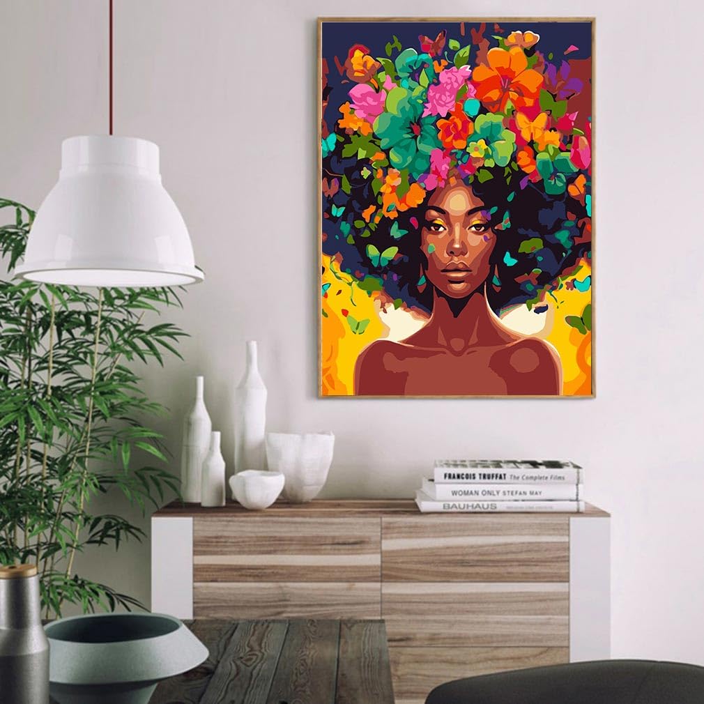 DIY African Woman Paint by Numbers for Adults Canvas, Flowers and Girl Paint by Number Kits on Canvas - Frameless Oil Painting Kits Arts and Crafts for Home Decor Present 16x20 inch Clendo