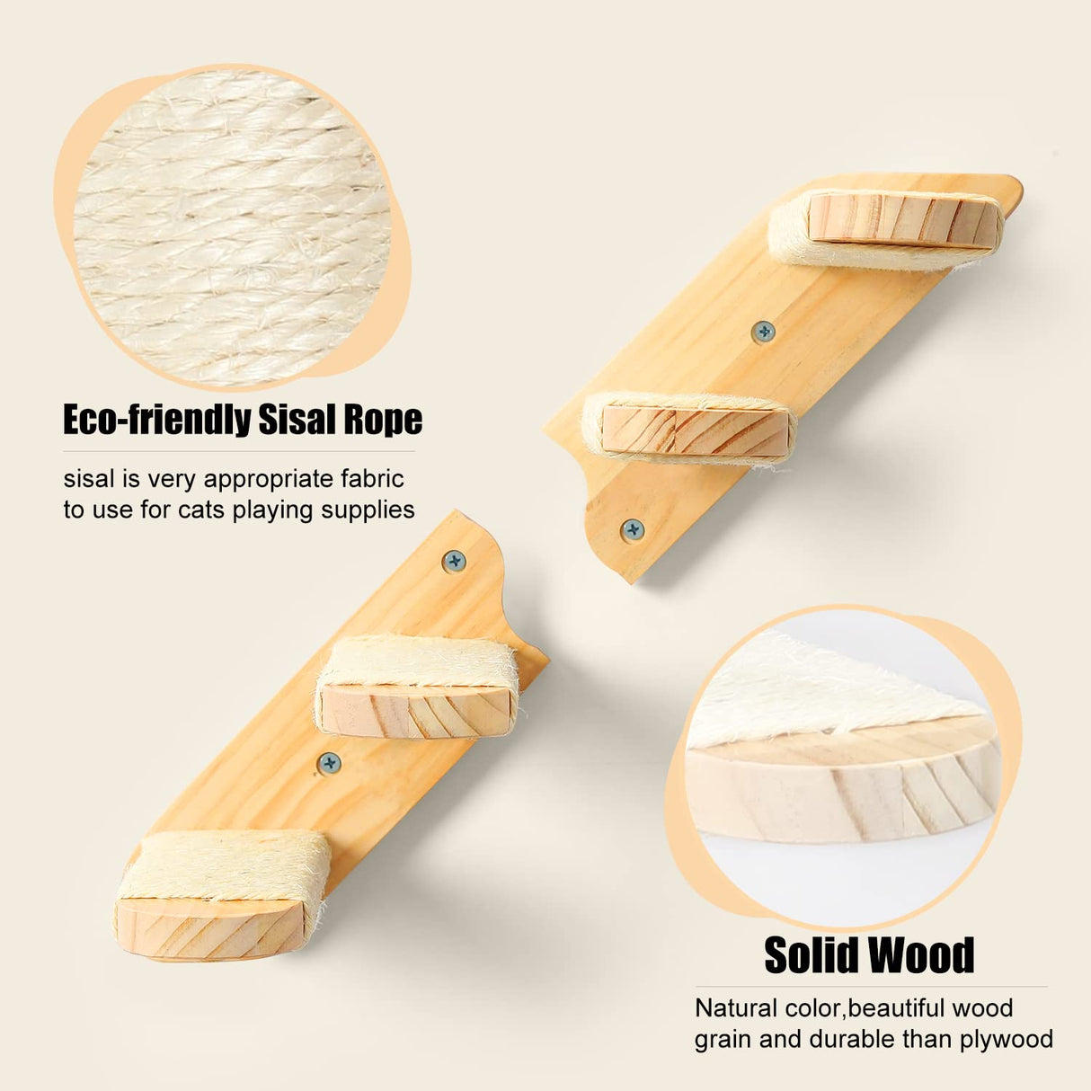 Cat Wall Steps Shelves Cat Climbing Shelf Reversible Wall Mounted, Wooden Four Step Cat Stairway with Scratching Sisal Rope for Cats Perch Platform Supplies Large Cats Scratching Post Activity Tree Erhalithegro