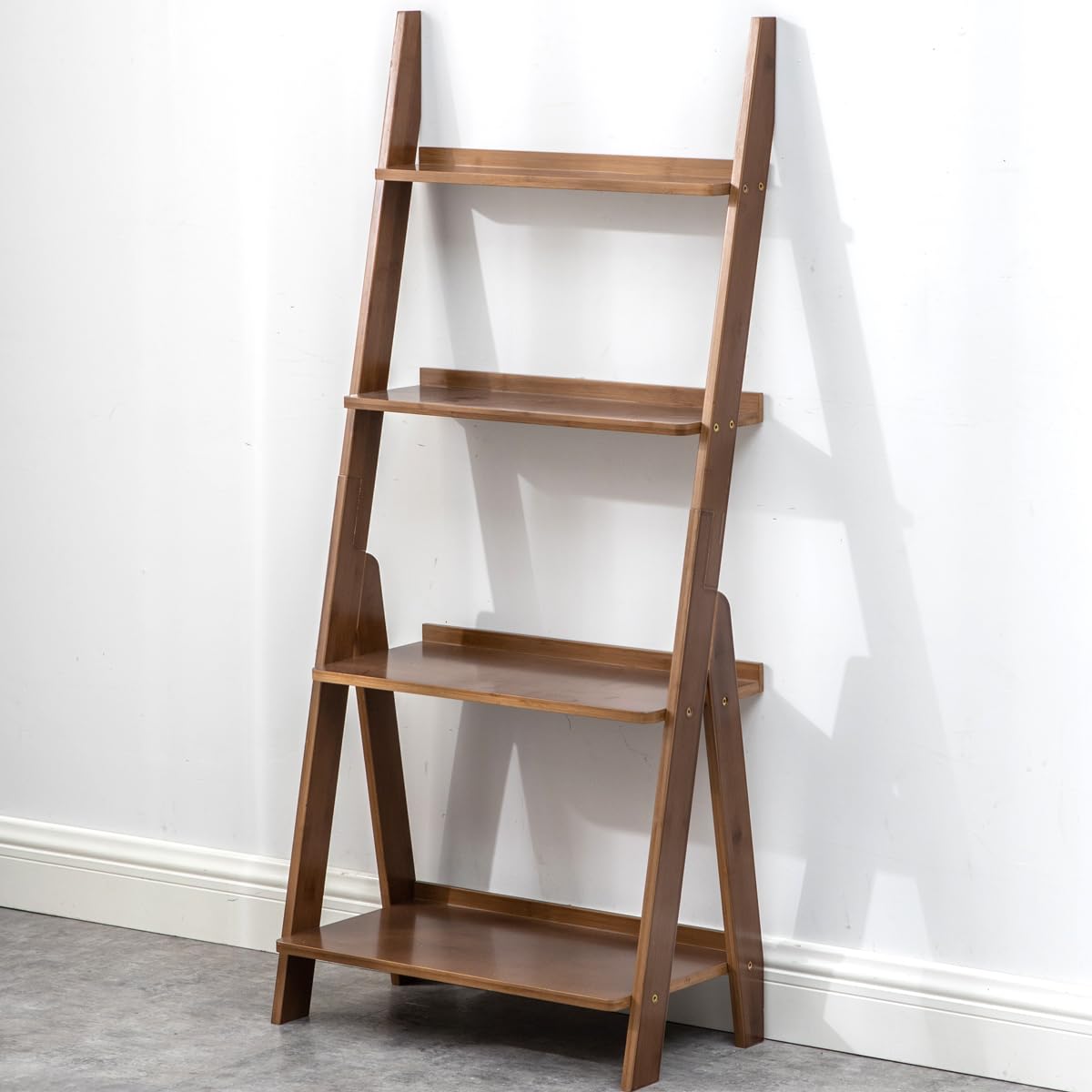 Maydear Bamboo Ladder Shelf Bookcase, 4-Tier Leaning Bookshelf Free Standing Organizer Storage Shelves for Living Room, Bedroom, Kitchen, Home Office, Balcony (Walnut) Maydear
