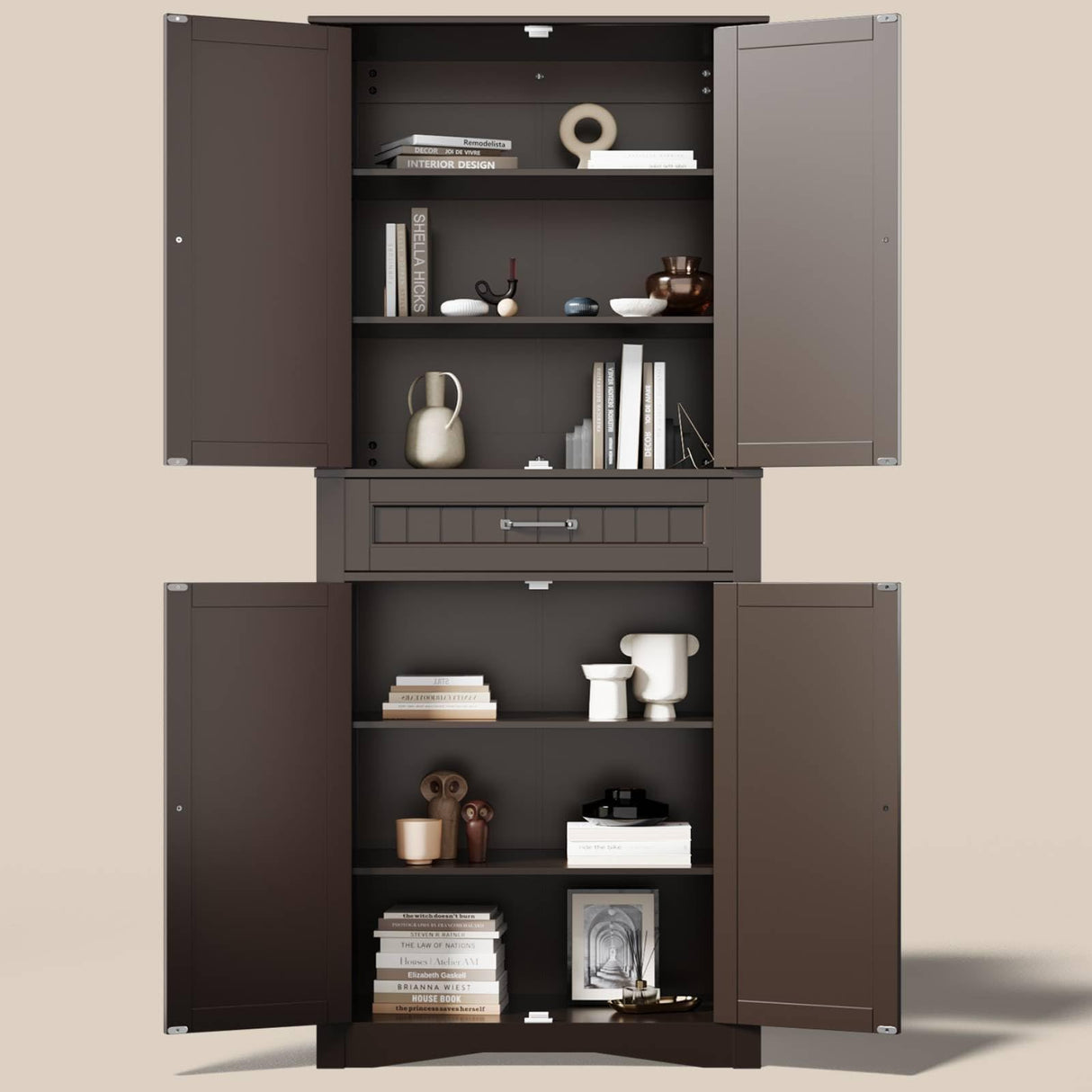 Gizoon 71'' Kitchen Pantry Storage Cabinet, Freestanding Cupboard with 4 Barn Doors and 4 Adjustable Shelves, Hutch Bar Cabinet with Large Drawer for Kitchen, Living Room, Dining Room (Dark Brown) Gizoon