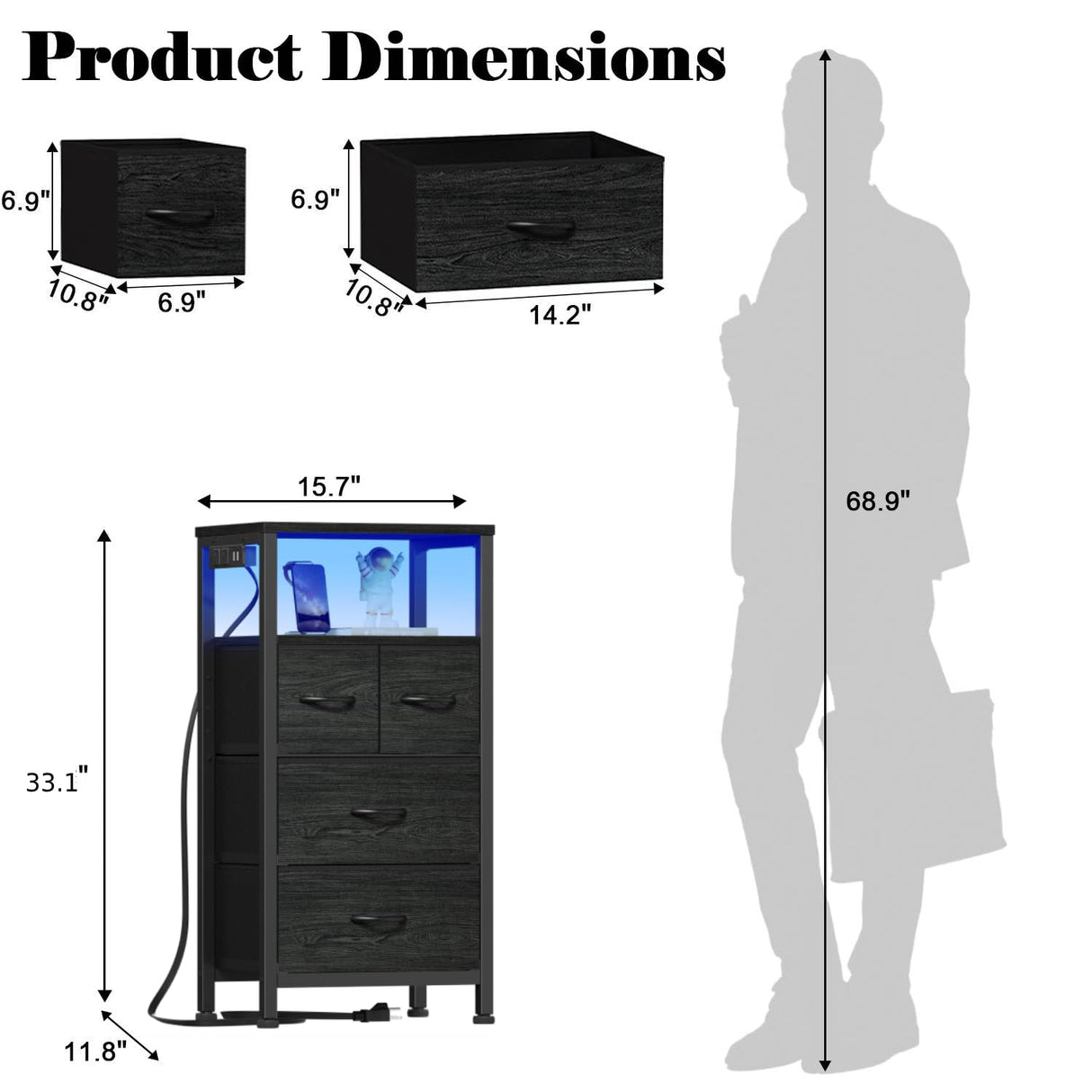 Furnulem Tall Night Stand with Charging Station and Led Light, Small Dresser with Open Shelf and 4 Storage Drawers, Black Side Table Fabric Nightstand for Bedroom, Entryway, Bedside Furniture Furnulem