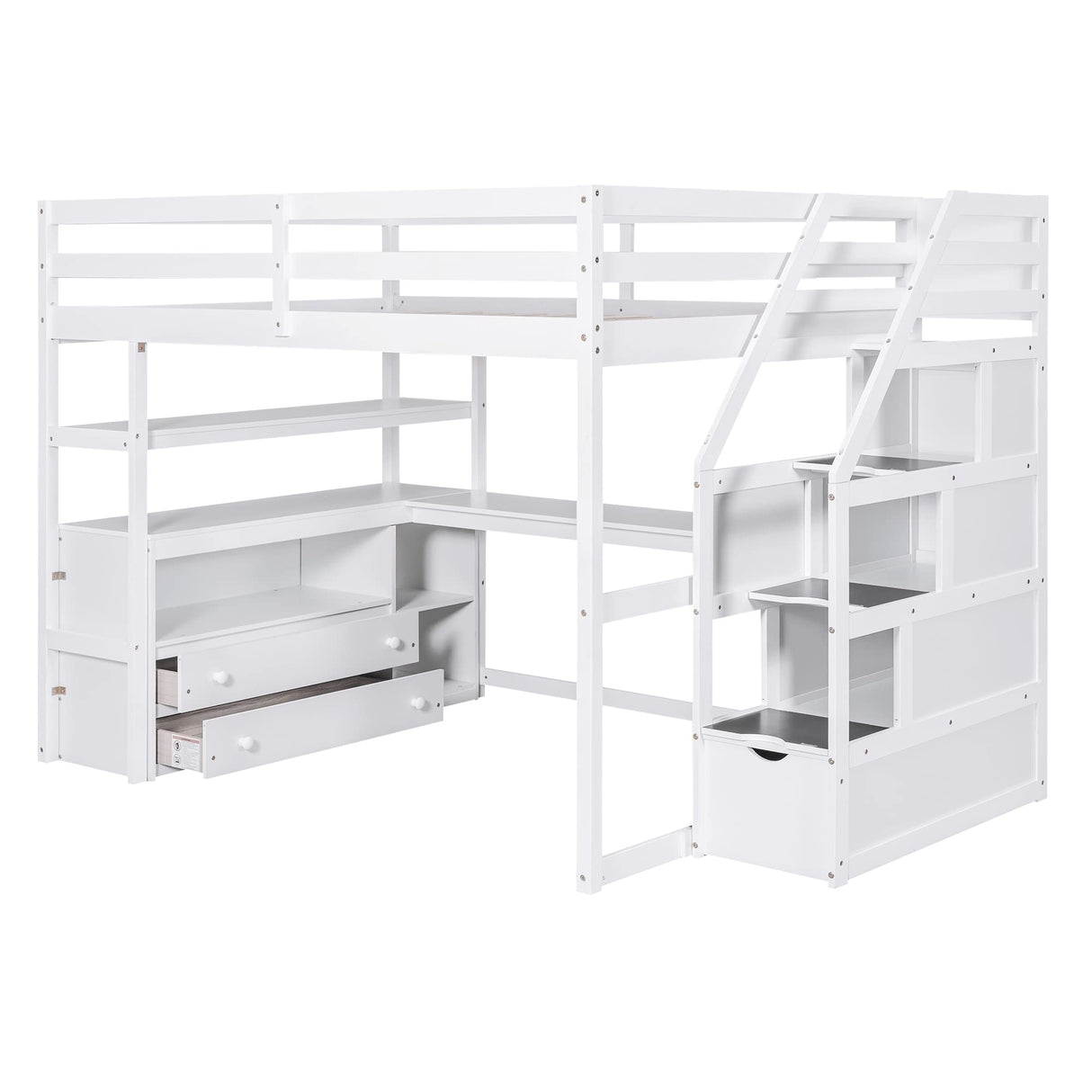 SOFTSEA Multi-Functional Full Loft Bed with Desk, Stairs, and Storage in White SOFTSEA