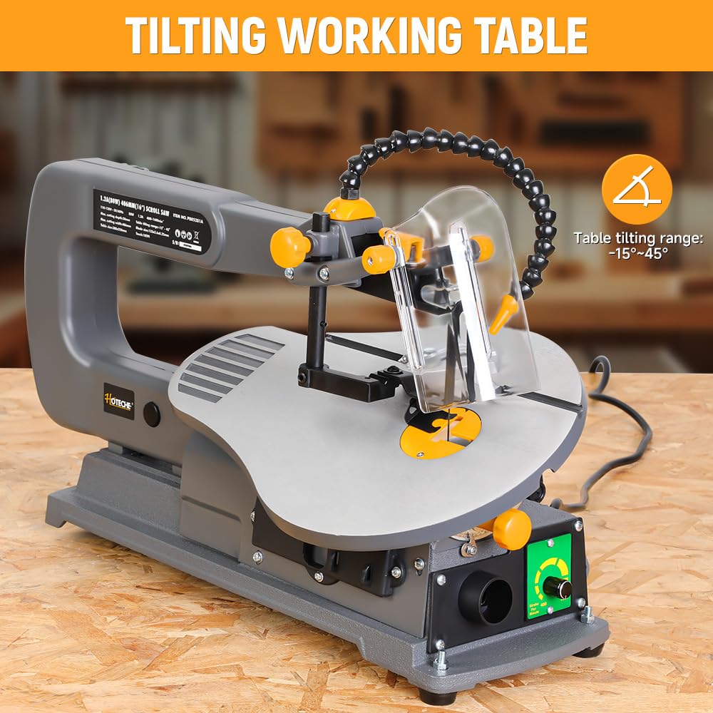Hoteche 16-inch Power Scroll Saws for Woodworking, 1.2-Amp, Variable Speed, with Large Tilting Working Table and Integrated Dust Port Hoteche