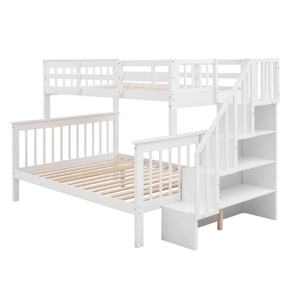 Ball & Cast Twin Over Full Bunk Bed with Storage Ladder and Full-Length Guardrails,Wooden Bunkbed w/Slat Support & into Two Individual Beds,Bedframe Furniture for Student Dorms,Guest Rooms,White Ball & Cast