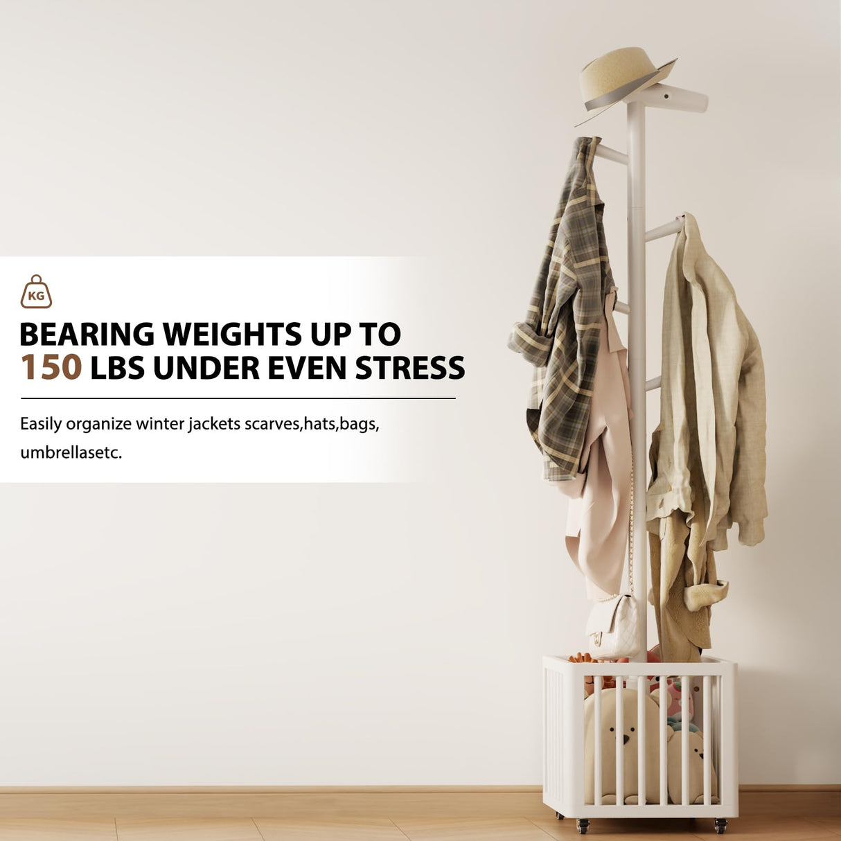 AQIMUELE Kids Coat Rack,Rubber Wood Entryway Coat Rack with 6 Hook for Bedrooms,Coat Tree(White) AQIMUELE