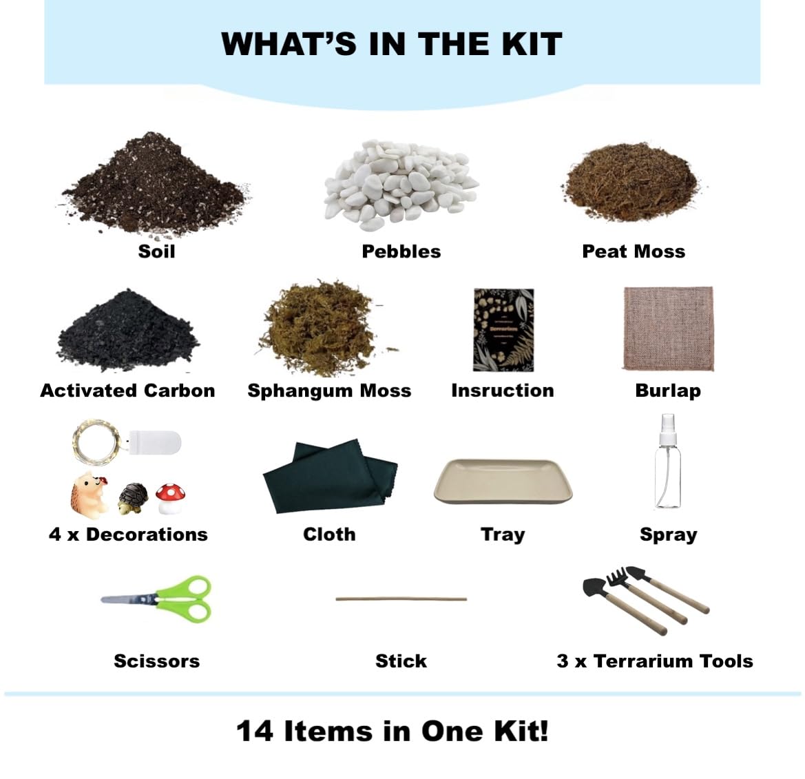 DIY Terrarium Kit with 13 Items Soil Pebbles Sphagnum Moss Activated Carbon Burlap Peat Moss Terrarium Tools Indoor Garden Make Your Own Terrarium KRAFTSTORIES