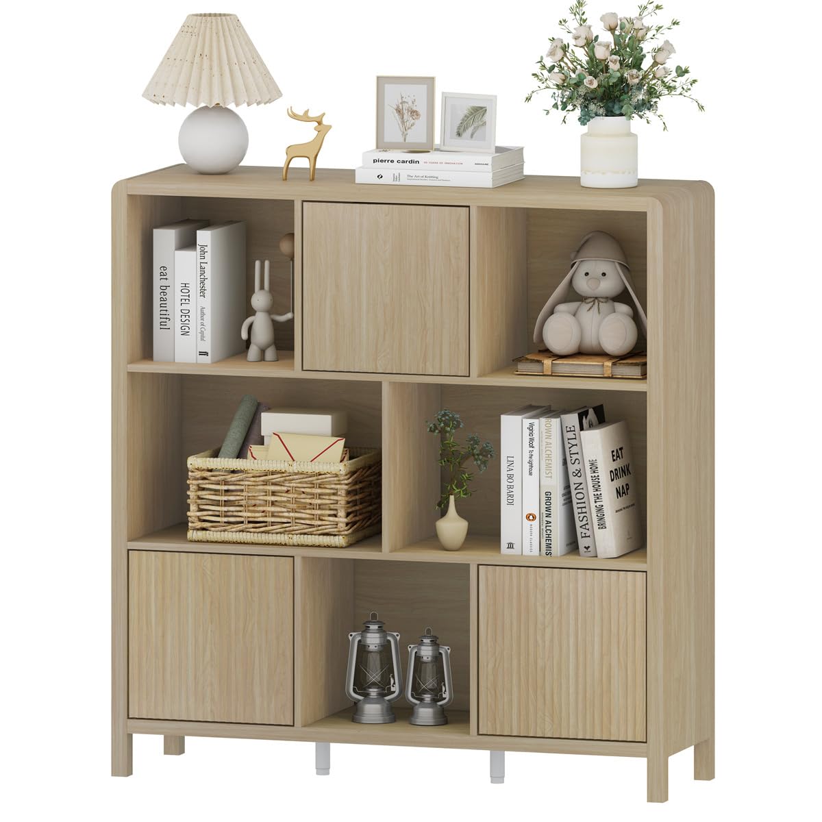 FATORRI 8 Cube Storage Organizer with Shelf, Rustic Wood Cube Bookshelf, Farmhouse Bookcase with 3 Doors, Cubby Book Shelf for Living Room, Home Office, Hallway (Light Walnut) FATORRI