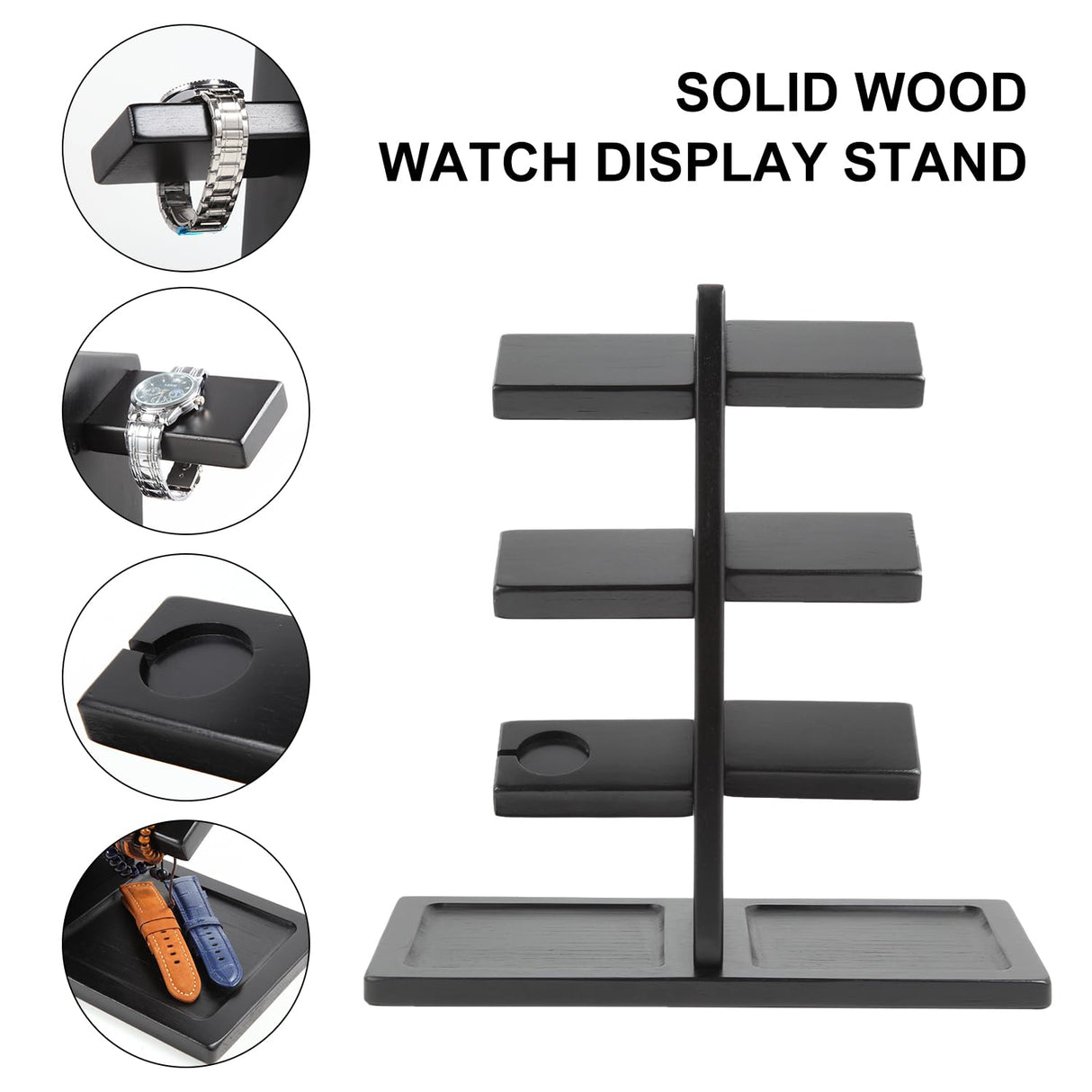 Xnwouco Watch Stand for Men, Watch Display Stand with Charger Groove, Wooden Watch Holder Stand, Jewelry Holder Organizer for Rings, Jewelry, Coins Bracelets, Great Gifts for Men Women, Black Xnwouco