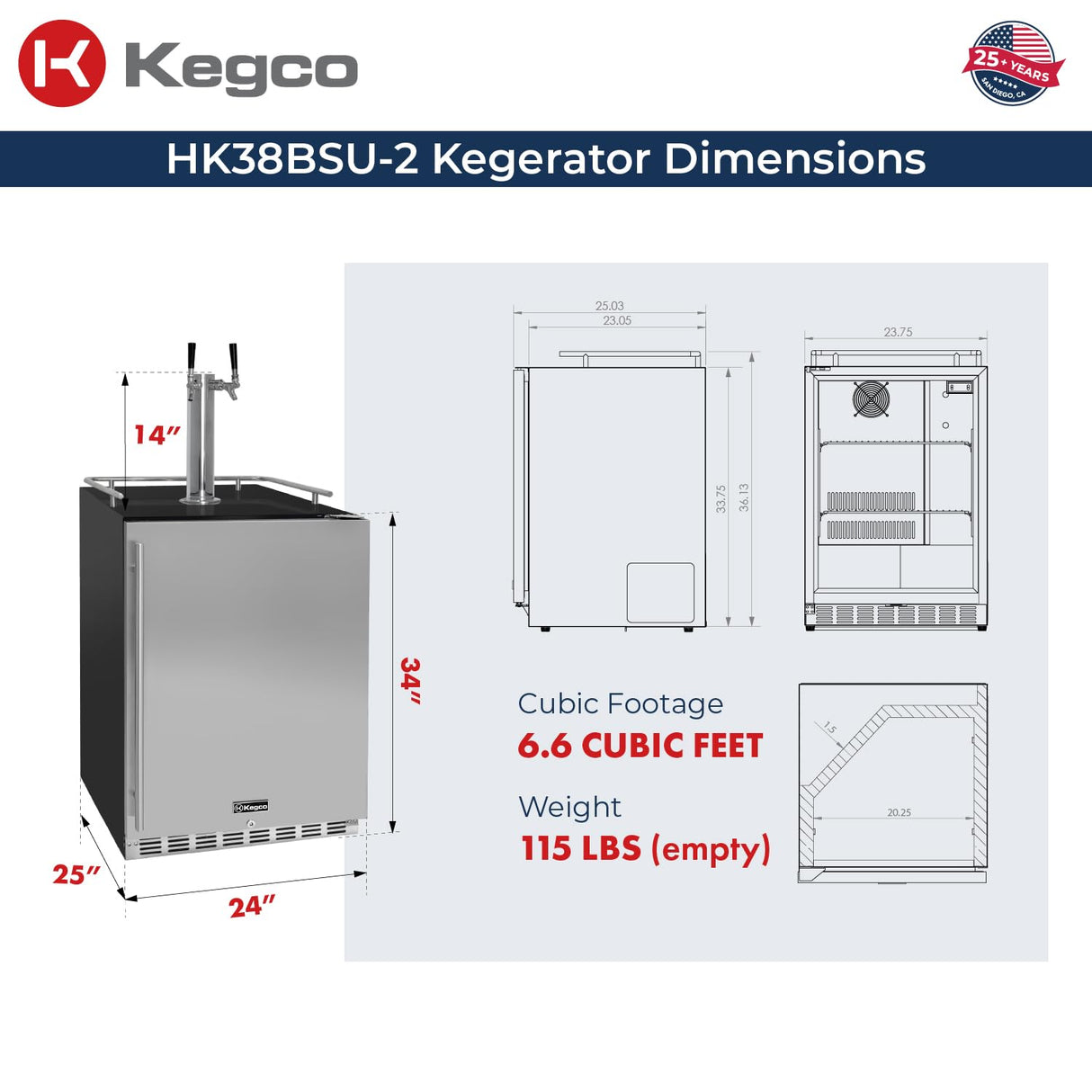 Kegco Kegerator 24" Wide Dual Tap Black/Stainless Steel Undercounter Beer Dispenser HK38BSU-2 Kegco
