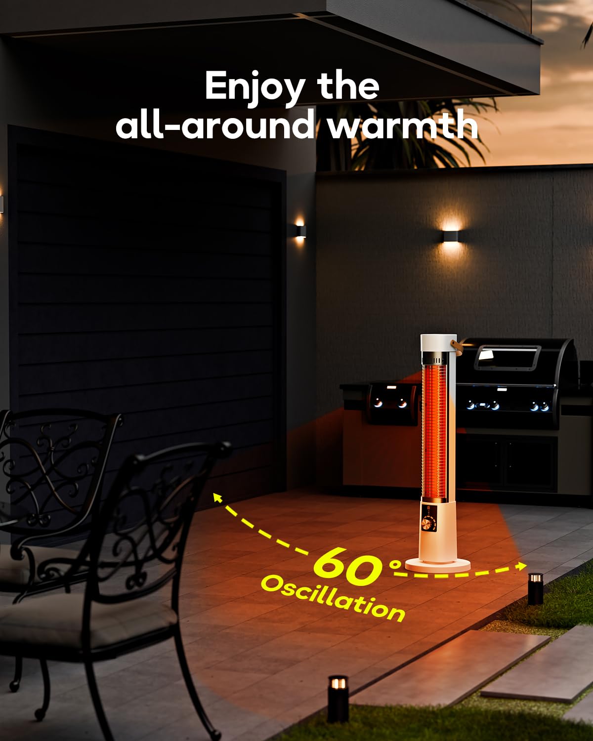Aerozy Patio Heater for Outdoor Use, Electric Space Heater Indoor, Portable Infrared Heater with 60-Degree Oscillation, Timer, Remote, for Patio, Gazebo, White AEROZY