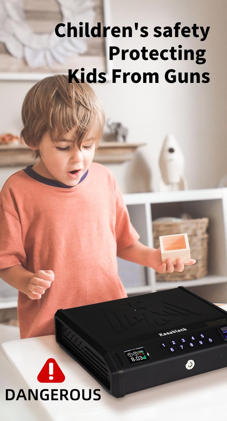 KASABLANK Gun Safe for Pistols - 3 Ways Unlock (Fingerprint/Digital PIN/Key) with Quick Access, LCD Temperature & Humidity Display, Solid Steel Safe for Home, Nightstand, Bedroom, Car and Cloakroom Generic