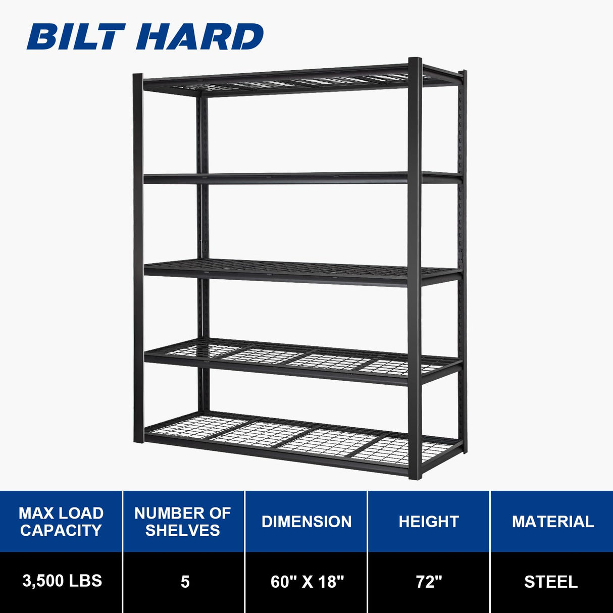 BILT HARD 3500 LBS 60" W x 18" D Garage Shelving, 72" H Heavy Duty Storage Shelves, Metal Wire Utility Shelving Units with Adjustable Shelf, Ideal for Garage, Black BILT HARD