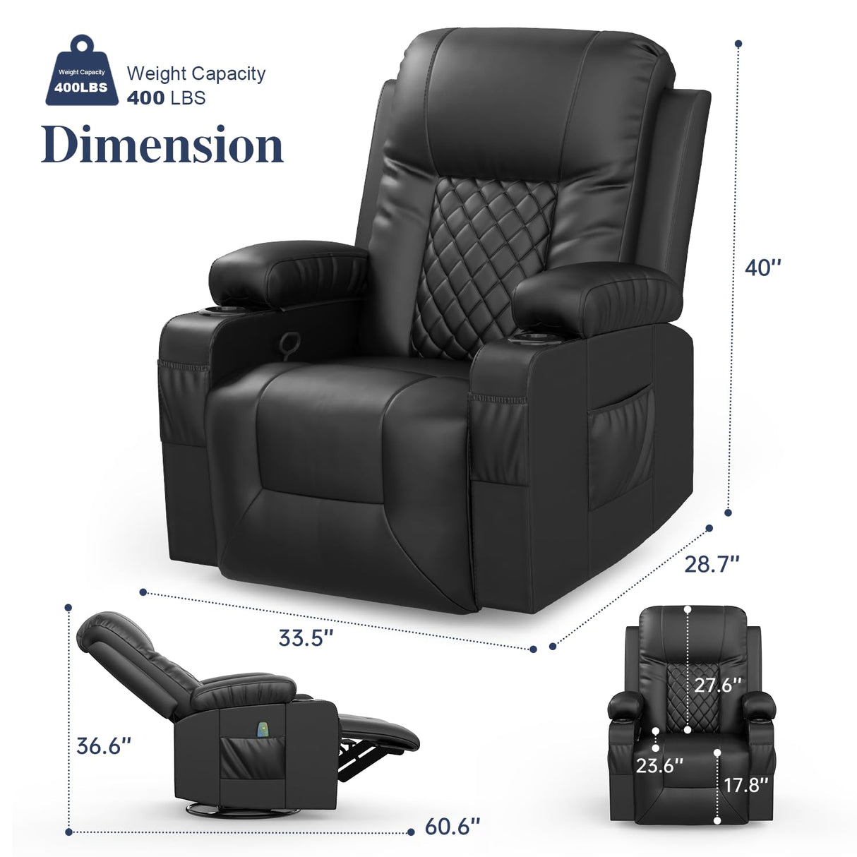 FURNIMAT Recliner Chairs for Adults, Massage Rocker with Heated Modern Ergonomic Lounge 360 Degree Swivel Single Sofa Seat Living Room Lounge Recliners Black FURNIMAT
