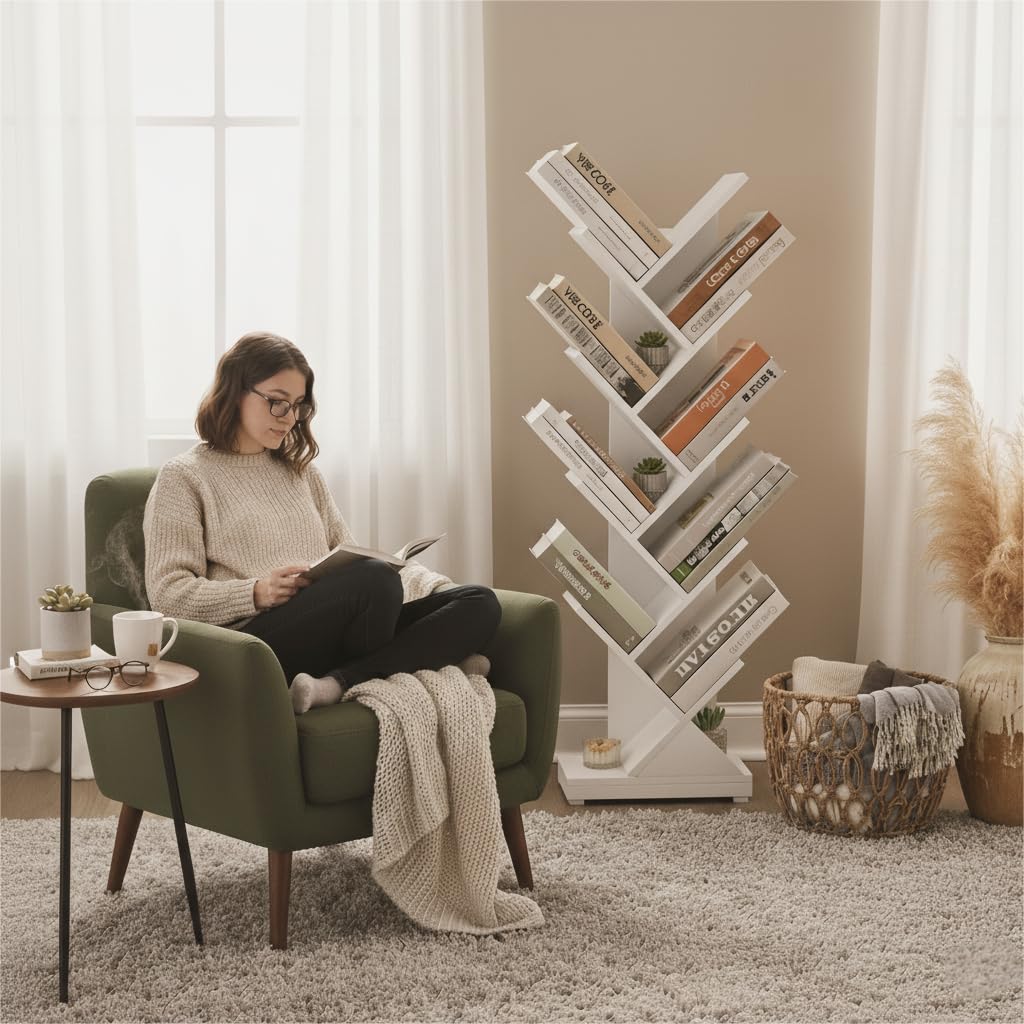 ruboka Tree Bookshelf,Retro Floor Standing Bookcase Display for CDs/Magazine/Books,Small Bookshelf for Bedroom,Living Room,Office,Balcony,Brown Storage Shelves (White, 9 Tier) ruboka